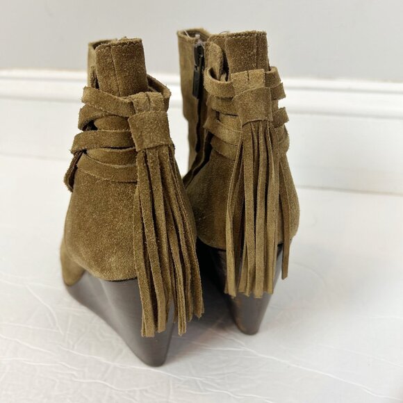 Frye Cece Tassel Wedge Bootie Suede Boots Size 8.5 Army Green Brown Women's - Picture 4 of 6